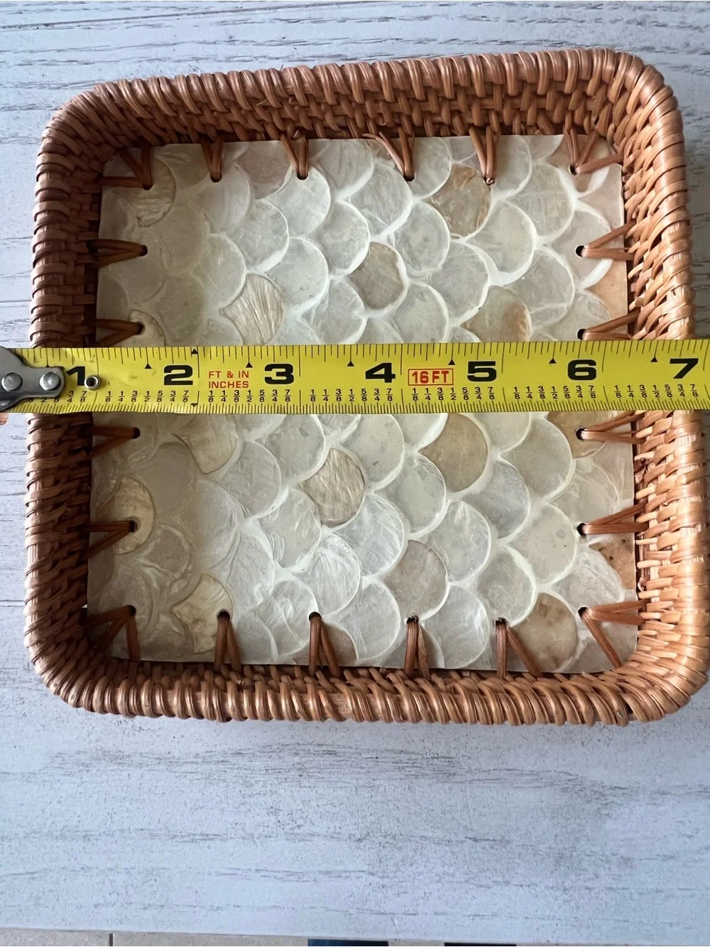Square Rattan and Capiz Shell Decorative Tray - 7”